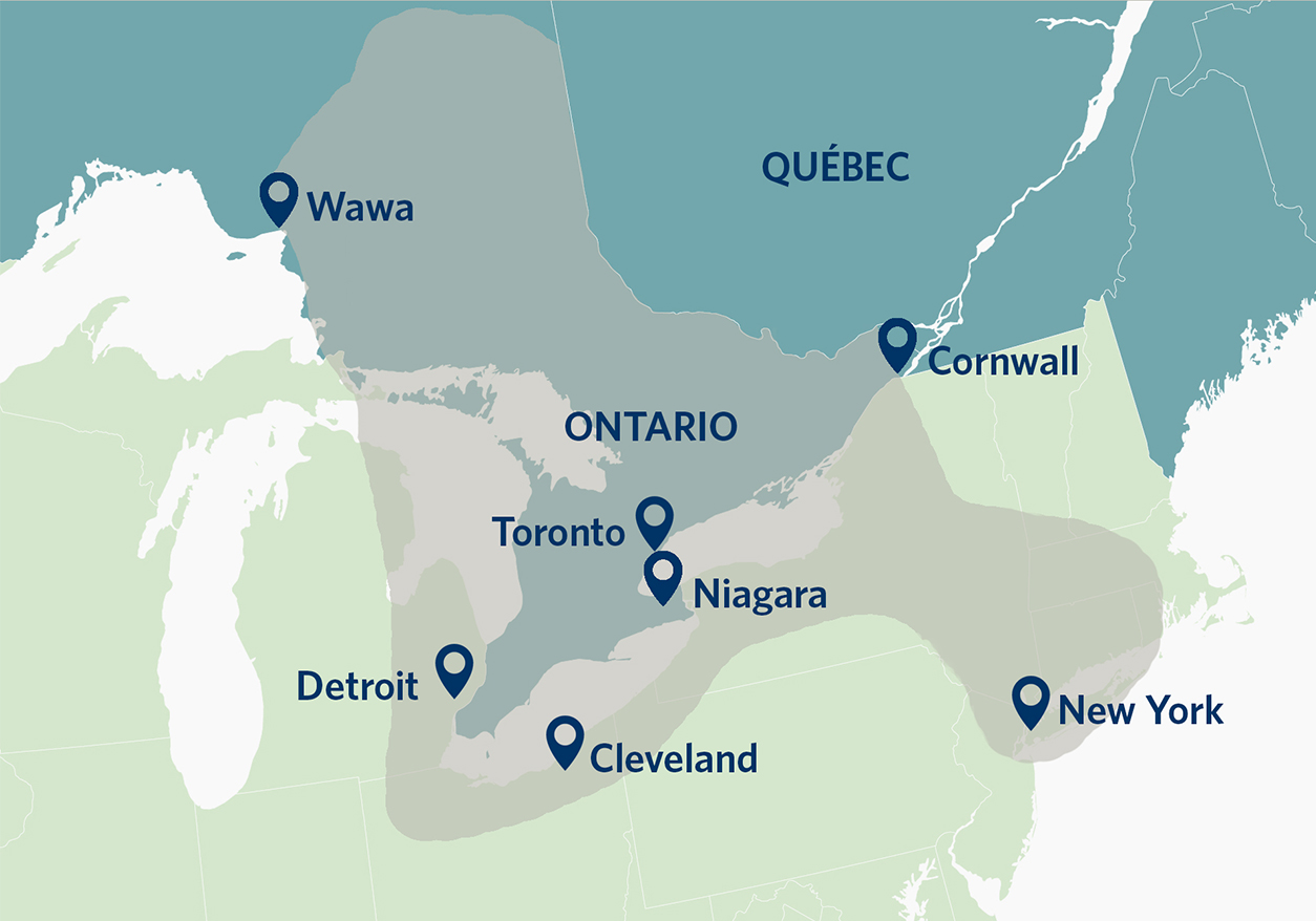 Map of Ontario highlighting regions that were affected by 2003 blackout