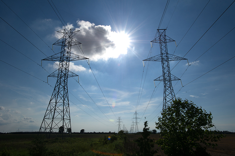 Transmission towers in a field