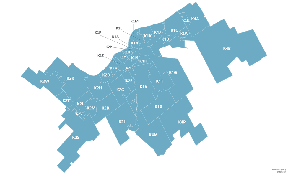 Ontario's postal code regions depicted on a map