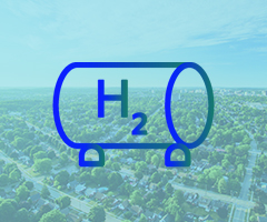 Hydrogen storage tank icon with a faded skyline background