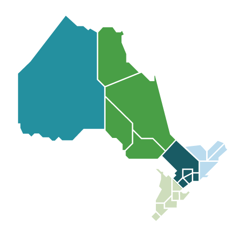 Map of Ontario showing 21 electricity planning regions